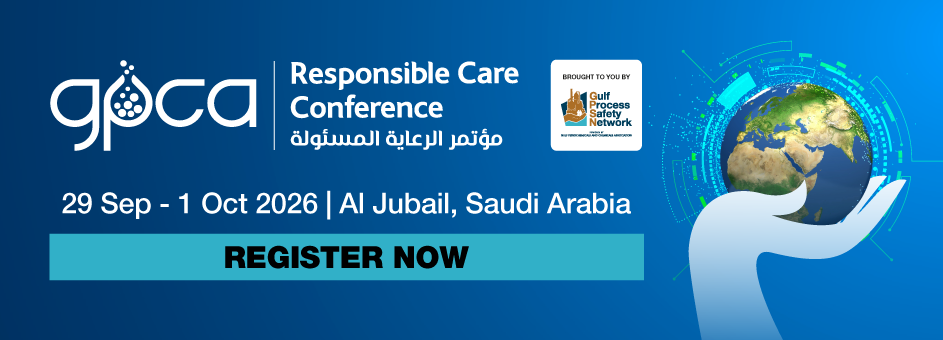 Promotional banner for GPCA Responsible Care Conference scheduled from September 29 to October 1, 2026, in Al Jubail, Saudi Arabia, encouraging registration. Design features a blue background with conference details, a "Register Now" button, a globe held by a stylized hand, and logos for GPCA and Gulf Process Safety Network.