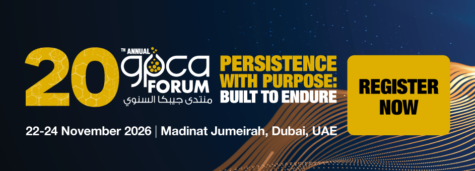20th Annual Gpca Forum scheduled for November 22-24, 2026, in Madinat Jumeirah, Dubai, UAE, emphasizing the theme "Persistence with Purpose: Built to Endure." Design features bold gold and white text on a dark blue background with abstract orange wave lines and a prominent yellow "Register Now" button.